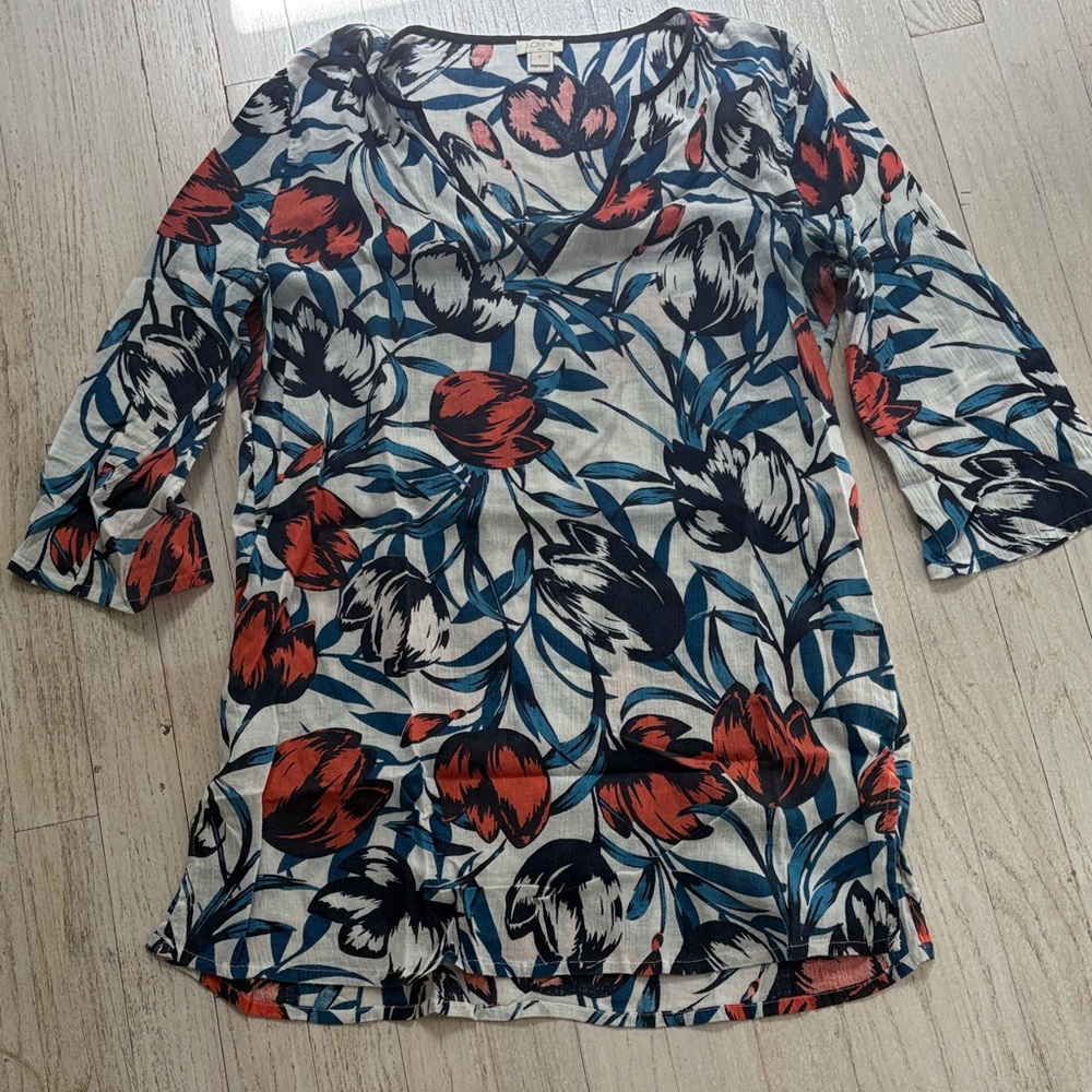 J. Crew Multicolor Floral V-Neck thigh length tunic.